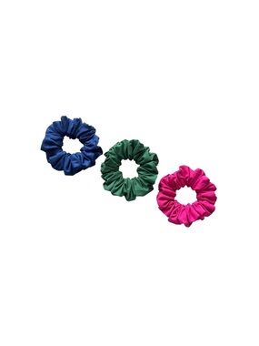 Set of Three Cotton Scrunchies - Blue, Green, and Pink.